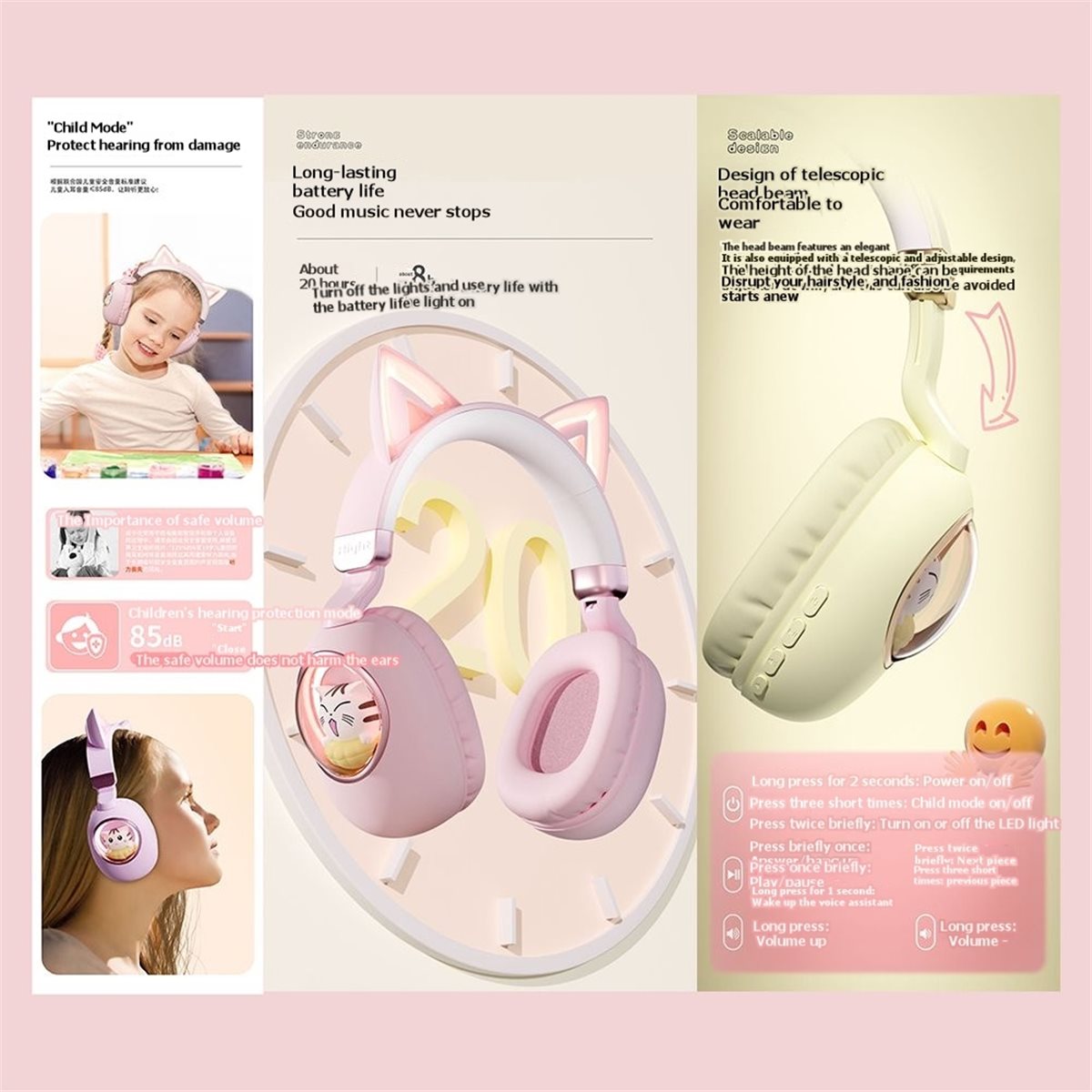 Cat Ear Bluetooth Headset Led - [حزمة قيمة] سماعات رأس لاسلكية بلوتوث